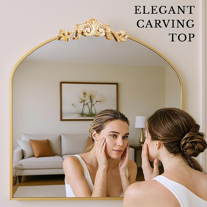 MISSDAY Vintage Arched Baroque Mirror for Wall, 36"X30" Antique Wall Mirror with Elegant Carving Top, Full Metal Frame Wall-Mounted Mirror for Bathroom, Living Room, Fireplace, Entryway, Hallway, Gold