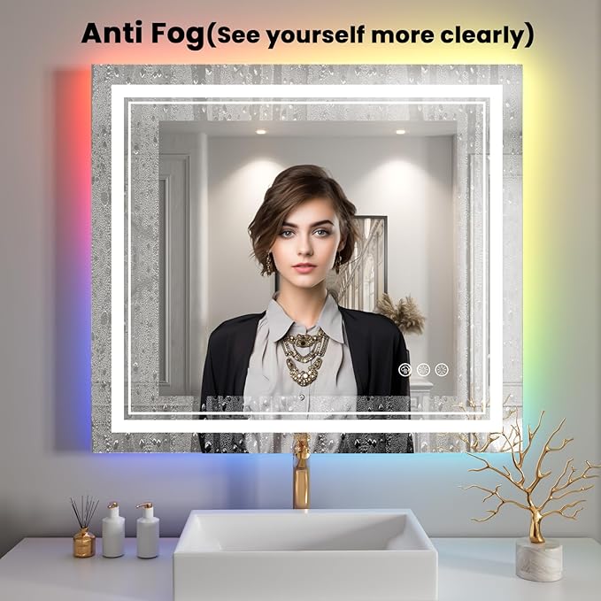 44x30 inch LED Bathroom Mirror with RGB Lights, Color Changing Backlit Mirror, Shatterproof, Dimmable Anti-Fog, Lighted Vanity Mirror (RGB Multicolor Backlit + Adjustable Front-Lighted)