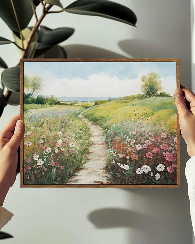 KISSFOX Vintage Framed Wall Art Decor Modern Farmhouse Spring Landscape Pictures Paintings Wall Decor Rustic Wildflower Canvas Art Prints Nature Countryside Artwork For Bedroom Kitchen Living Room