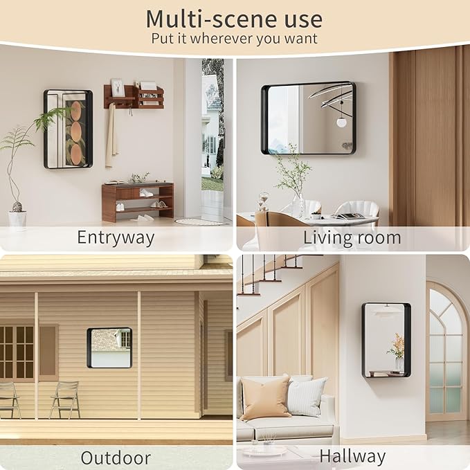 Koonmi Black Wall Mirror for Bathroom, 24x36 Inch Matte Deep Framed Rounded Rectangle Vanity Mirror for Farmhouse Living Room, Tempered Glass, Anti-Rust, Vertically or Horizontally