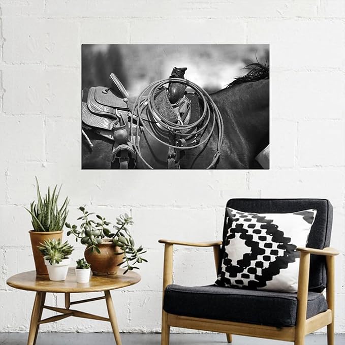 American West Rodeo Cowboy Wall Art Painting Saddle and Rope Picture on Canvas Artwork for Bedroom Living Room Office Home Decortion Prints Framed(28L" x 44W")
