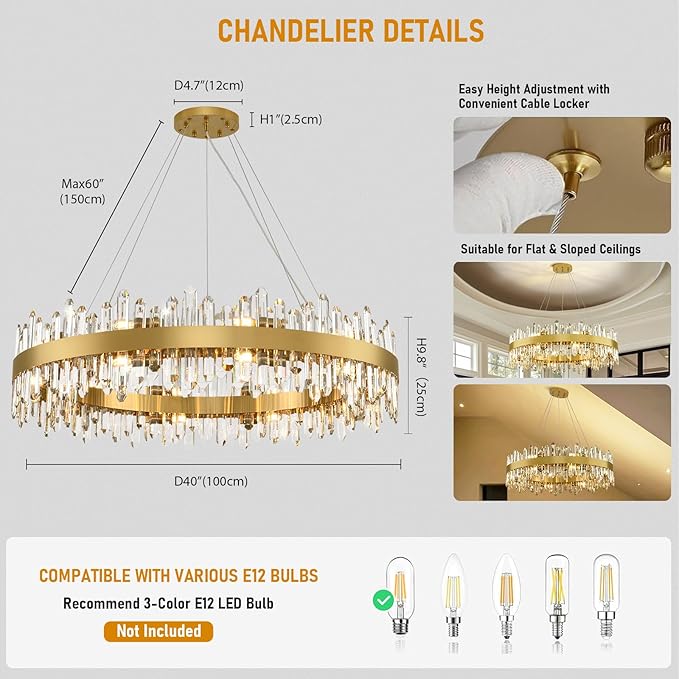 Modern Crystal Chandelier, 40" Round Gold Chandeliers for Living Room, 20-Lights 2 Tiers Luxury K9 Crystal Dining Room Chandelier Over Table, Adjustable Chandeliers for Foyer Entryway