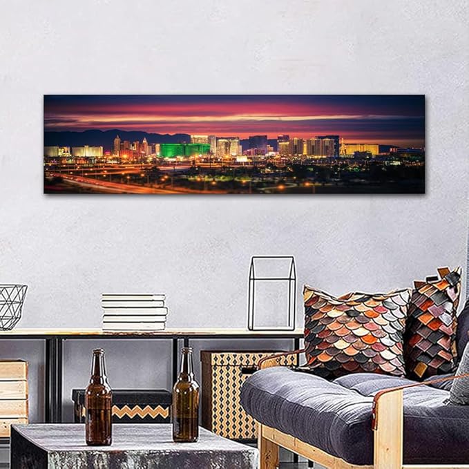 Black and White Wall Art - Las Vegas Skyline Painting on Canvas - Living Room & Bedroom Wall Decor - Modern Artwork - Framed - Ready to Hang - 12x46 Inch