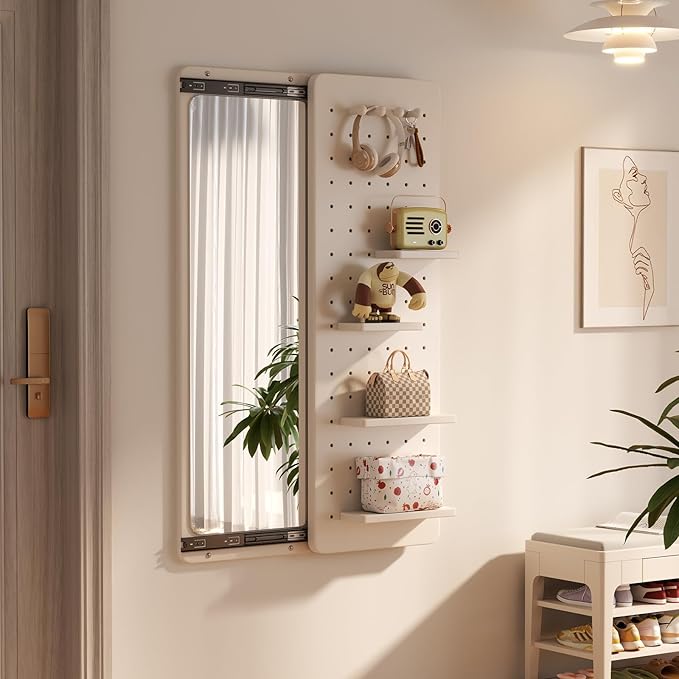 KungFuWood Full Length Mirror with Shelf and Hooks,Entry Way Mirrors for Wall,Wall Mirror with Shelf,Wall Mirror with Storage Multifunctional Design Panel,Living Room