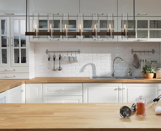 Black Kitchen Island Lighting- 7-Light Linear Chandelier, Adjustable 47'' Modern Farmhouse Rectangle Pendant Light Fixtures, Dining Room, Bedroom