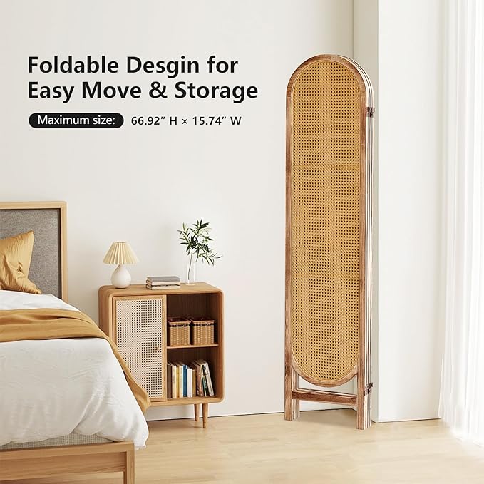 4 Panel Room Divider, Double Hinged Foldable Wooden Room Divider, Individual Privacy Screen Made of Hand-Woven Rattan, Portable Wall Divider for Home Office Bedroom Bathroom (Natural)