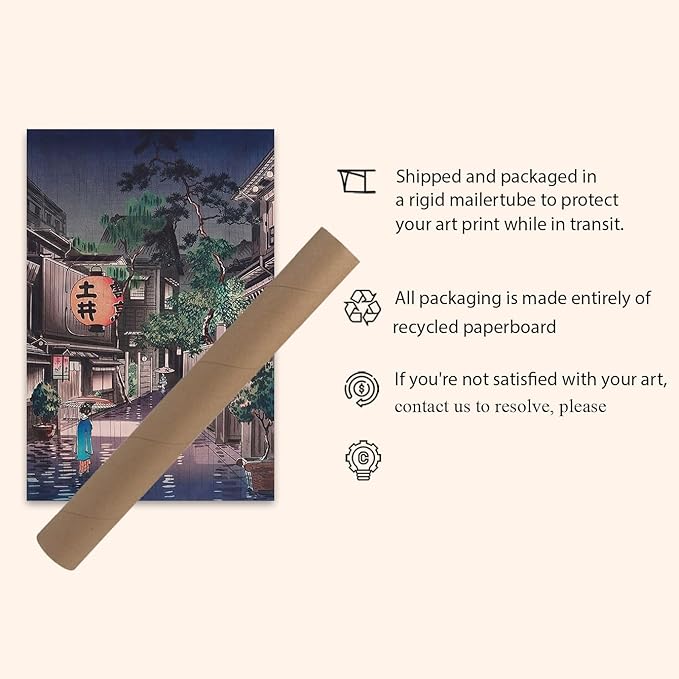 OZCONO Japanese Street Scene Art Print, Vintage Evening Cityscape, UV-Resistant Giclée Wall Decor, Unframed (14L x 11W)