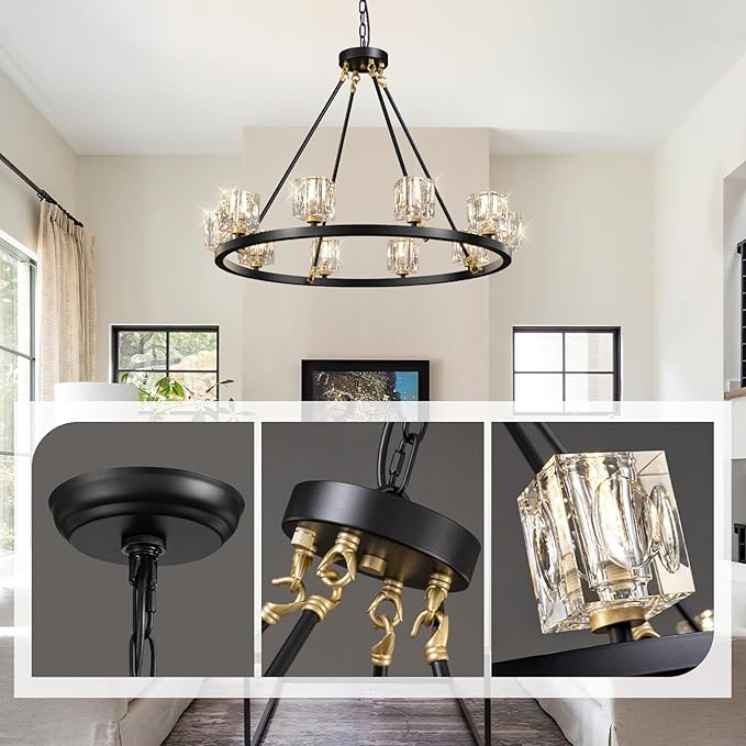 Black Wagon Wheel Chandelier,10-Lights Crystal Chandeleirs with Adjustable Height, Dining Room Light Fixture, Hanging Lights for Kitchen Island, Living Room, Bedroom, Entryway, G9 Base