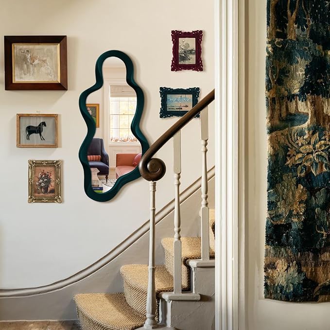 13.8x29.7 Big Decorative Mirror for Girly Bedroom Dresser Decor, Abstract Wavy Wall Mirrors for Home Book Coffee Shop Hotel Decoration, Unique Gift for Birthday Thanksgiving (Dark Green)