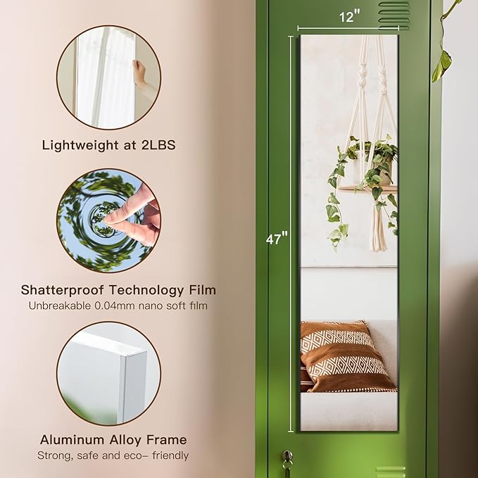 47"x12" Magnetic Mirror Lightweight Full-Length Mirror | Strong Adhesion, Easy Installation | Suitable for Refrigerators, Glass Walls, Wooden Doors, and More | 8.2kg Ultra-Strong Support | Black