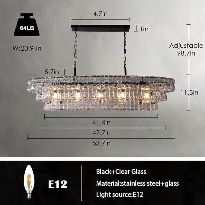 54 Inch Large Rectangular Black Chandelier for Dining Room, Clear Glass Drum Modern Pendant Light Fixture, Extra Long Kitchen Island Lighting