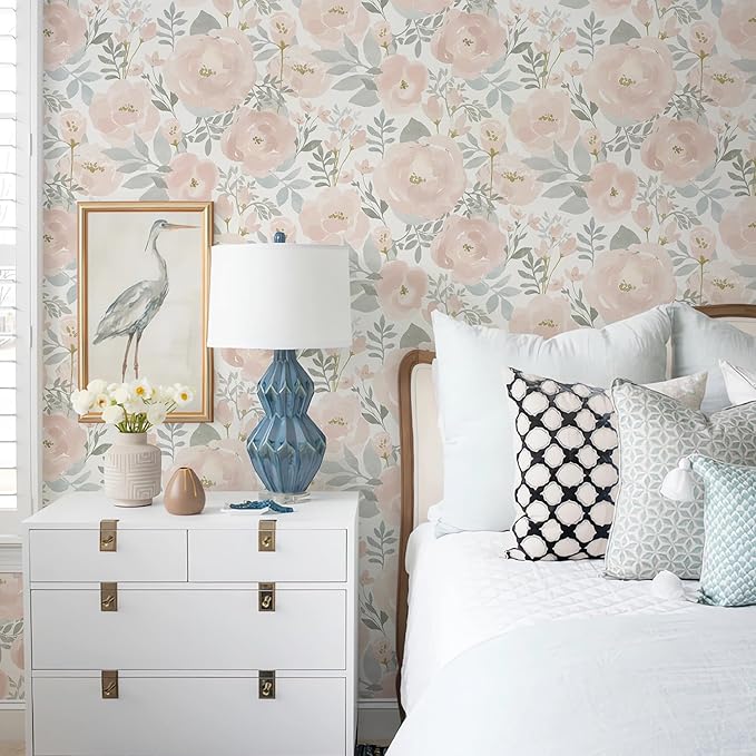 Orainege Peel and Stick Wallpaper Floral Wall Paper 17.3in x196.8in Floral Contact Paper Peony Self Adhesive Removable Wallpaper for Cabinets Walls Shelf Liner, Light Pink