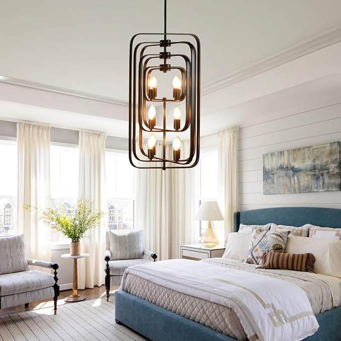 Black Chandelier, 12-Light Farmhouse Chandelier for Entryway, Modern Foyer Lighting Fixtures, Foyer Chandeliers for High Ceilings, Hanging Pendant Lights for Living Room, Staircase, Entry