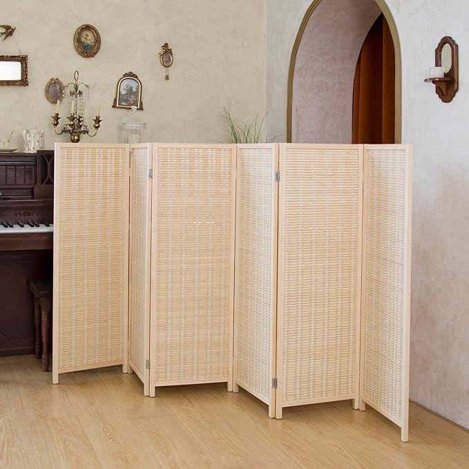 6 Panel Short Room Divider Folding Screen,47 inch Bamboo Panel Divider for Home Partition,Beige