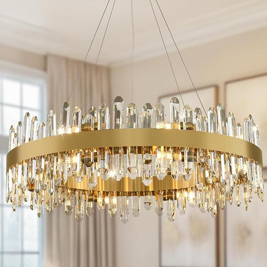 Modern Crystal Chandelier, 16-Lights Round Chandelier for Dining Room 2 Tiers, 32'' Gold Adjustable Raindrop Chandeliers for Bedroom, Dining Chandeliers Over Table for Living Room, Bathroom