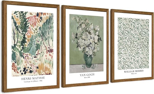 JLTULT 3 Piece Vintage Sage Green Canvas Wall Art, Monet Van Gogh Matisse Wall Decor, Botanical Painting Artwork Prints for Living Room Bedroom Home Office 16X24 inch Wood Framed Easy to Hang