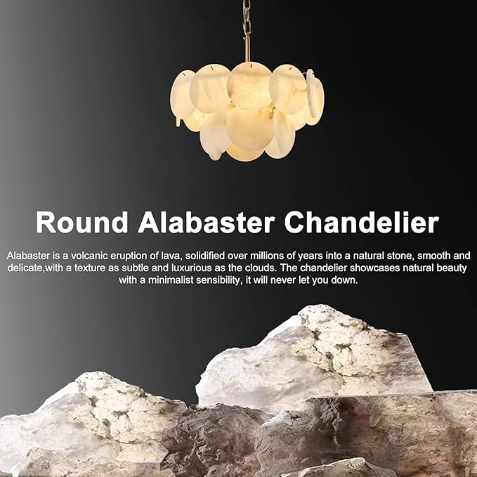 Alabaster Chandelier, 18.1" Natural Spanish Marble Stone Texture Chandeliers, 4-Light Dimmable Round Alabaster Chandelier, Modern Luxury Lighting for Living Room, Dining Room, Bedroom, Hallway