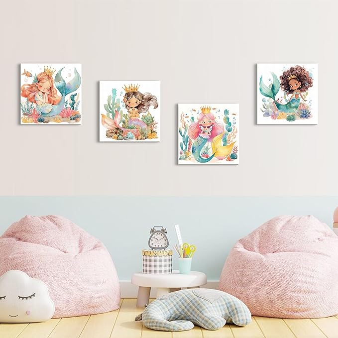 Mermaid Decor Wall Prints Mermaid Room Decor for Girls Bedroom Cute Under The Sea Decorations for Girls Nursery Posters Cartoon Bathroom Decor Wall Art Living Room Playroom Home Decorations 16×16" 4P