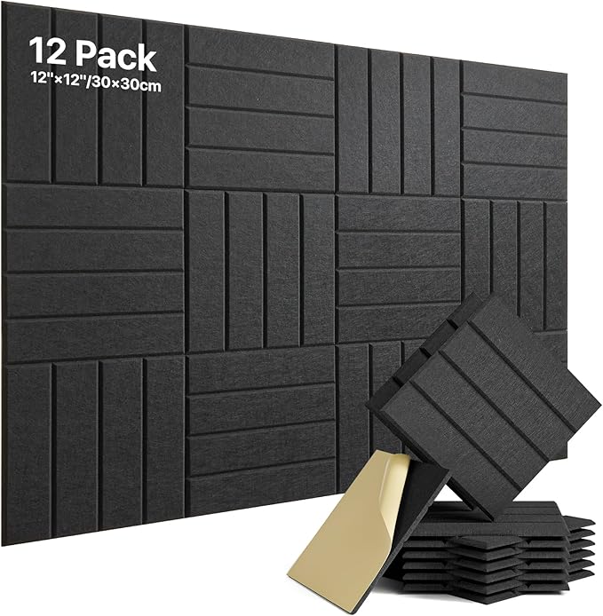 12 Pack Sound Proof Foam Panels for Walls, Self-Adhesive Acoustic Panels Sound Absorbing, 12" X 12" X 0.4" High Density Soundproof Wall Panels Tiles for Door, Ceiling, Home Office, Black