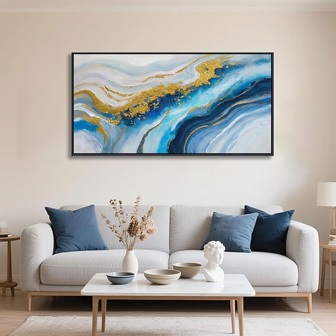 Abstract Canvas Blue Wall Art for Living Room - Modern Gold Wall Art, Office Wall Decor, Above Bed Wall Decor, Large Pictures for Bedroom Framed Artwork for Walls 20×40IN