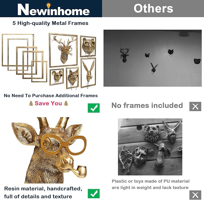 Newinhome 5 Pack Animal Heads Wall Decoration (Gift Metal Frame) Resin Animals Sculptures Head Wall Hanging Decor Gold vintage Wall Sculpture for Living Room Bedroom Office