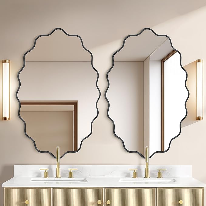 Oval Wavy Mirror - Irregular Wall Mirror 22"x30" Black Asymmetrical Aviation Aluminum Alloy Frame for Bathroom, Bedroom, Living Room, Cloakroom, Entryway