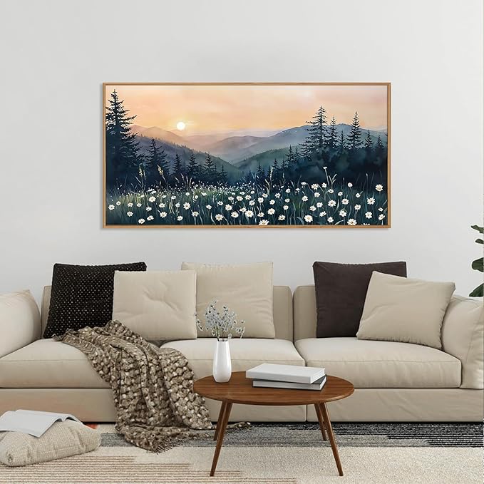 KAIRNE Large Mountain Landscape Wall Art, Watercolor Forest and Misty Pine Tree Canvas Print, Nature Scenery Artwork for Living Room Bedroom Office Decor, Rustic Wood Frame Ready to Hang, 20x40inch