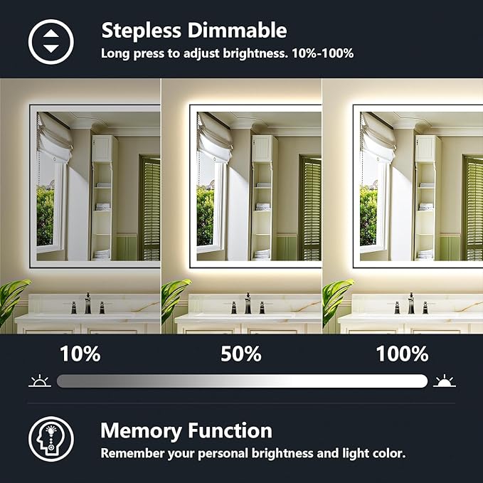 60x38 Inch LED Bathroom Mirror with Lights (Front Lit and Backlit) Black Framed Lighted Vanity Mirror for Bathroom Wall Dimmable Anti-Fog Memory Tempered Glass Horizontal/Vertical