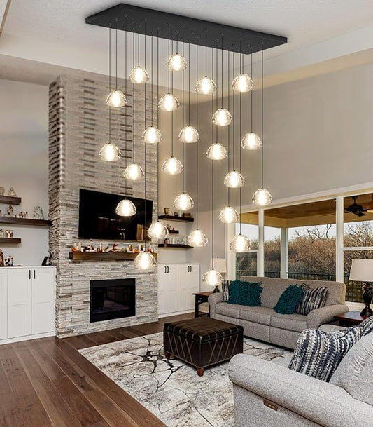 24-Lights Modern Rectangular Crystal Chandelier LED Raindrop Ceiling Pendant Light Crystal Lighting Fixture for Living Room Hotel Staircase Hallway Foyer Entryway Bedroom Black