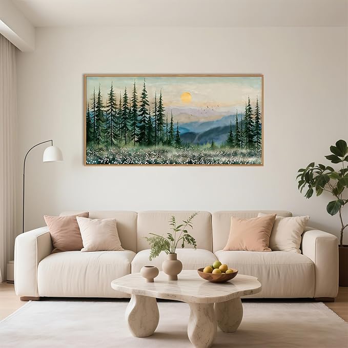 Nature Sunset Forest Framed Canvas Wall Art Set,Watercolor Landscape Green Pine Tree Wall Decor, Modern Boho Mountain Art Printing for Living Room,Bedroom-20 x40