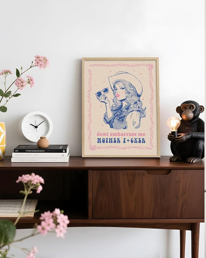 ARPEOTCY Small Framed Canvas Wall Art, 12x16in, Vintage Cowgirl Attitude Art, Trendy Western Room Pink Blue Wall Decor for Bedroom Office Shelf, Country Retro Artwork