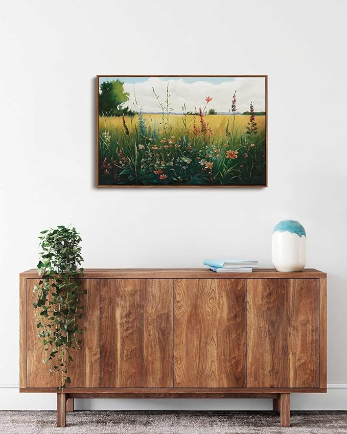 KISSFOX Vintage Wildflower Field Landscape Framed Wall Art Summer Countryside Meadow Canvas Art Farmhouse Rustic Paintings Artwork Nature Serene Art Prints For Kitchen Living room Bedroom