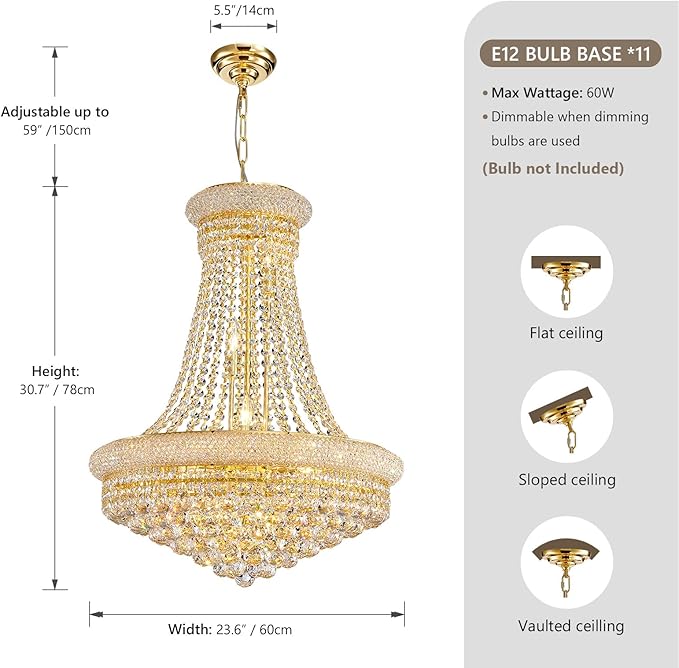 11-Light Empire Crystal Chandelier Light Fixture, Modern Crystal Chandeliers Empire Style K9 Chandeliers Gold Finish Luxury Chandelier for Living Dining Room Bedroom Stairway Foyer Hallway D24"
