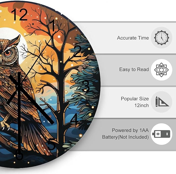 Moon Owl Round Wall Clock, Watercolor Cartoon Scene Bird Animal Black and White Art Print Children's Living Room Bedroom Kitchen Wooden Silent Wall Clock 12x12INCH