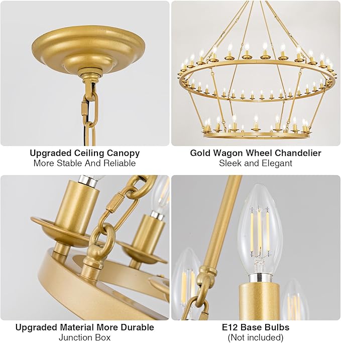 53" 2-Tier Wagon Wheel Chandelier, 36-Light Farmhouse Large Gold Chandelier Round Modern Rustic Industrial Adjustable Height for High Ceiling Living Room, Entryways, Foyer, Dining Room