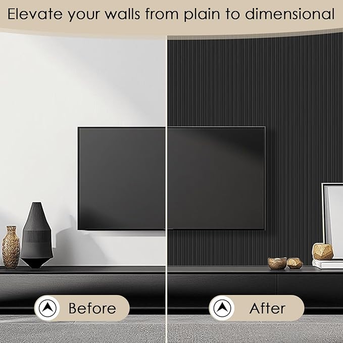 8-Pack 3D Slat Wall Panels — Soundproof Faux Wood Wall Panels for Interior Décor, 48.2" x 6.3", Modern Wall Cladding for Living Room, Bedroom, Office — Black Finish