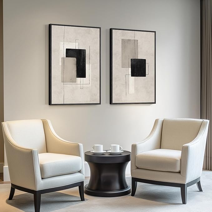Large Framed Neutral Abstract Wall Art for Living Room, Set of 2 Black and Beige Modern Canvas Prints Paintings Artwork for Walls, Minimalist Block Lines Pictures for Hallway Office Wall Decor 24x36 In
