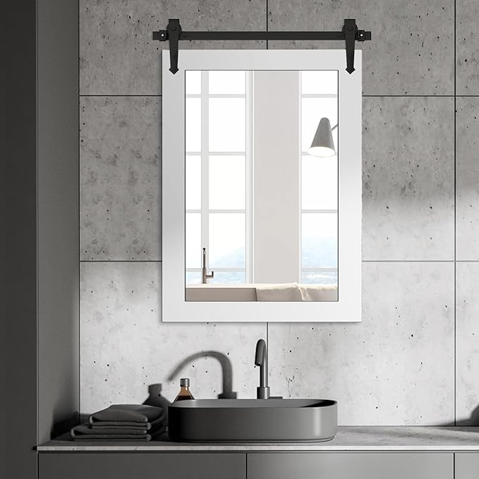 Bathroom Mirror for Over Sink 26”x40” Farmhouse Barn Door Mirror Rustic Wood Framed Wall Mirror for Bathroom, Bedroom, Entryway (Bright White)