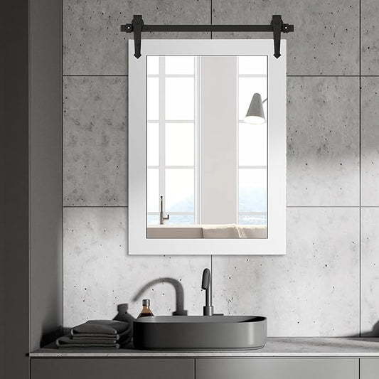 Bathroom Mirror for Over Sink 26”x40” Farmhouse Barn Door Mirror Rustic Wood Framed Wall Mirror for Bathroom, Bedroom, Entryway (Bright White)