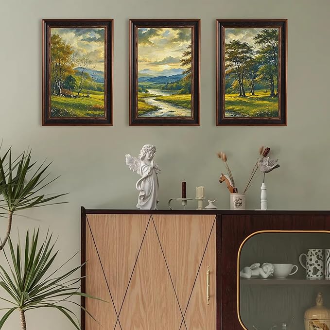 Large Watercolor Mountain Forest Framed Canvas Wall Art,Vintage River Grassland Wall Decor,Green Wilderness Field Artwork,Boho Botanical Art Print for Living Room,Bedroom,Office- 16"x24"x3