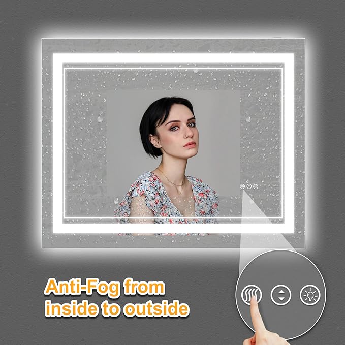 40 x 32 Inch LED Bathroom Mirror, Front Light and Backlit Anti-Fog Dimmable Memory Lighted Vanity Mirror, Shatterproof Wall-Mounted Led Mirror for Bathroom