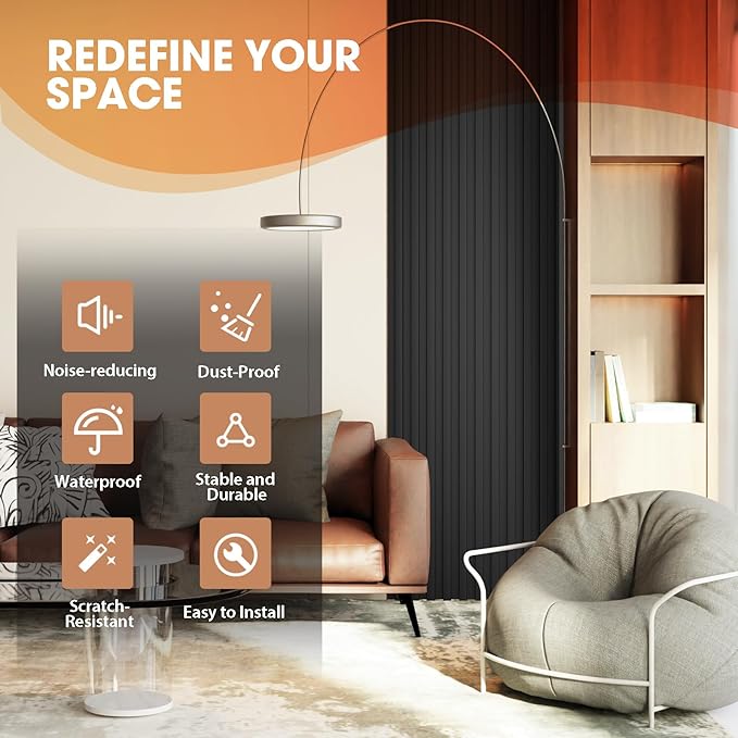 OUZUGIE WPC Acoustic Slat Wall Paneling, 8-Pack 96 x 6 Inches 3D Wall Panels for Interior Wall Decor,Living Room,TV Background,Study Room,Office Spaces,Bedroom,High Grille (Black)