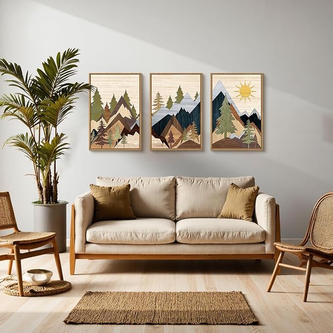 Mountain Pine Tree Framed Canvas Wall Art Set, Nature Wilderness Illustration Wall Decor, Woodcut Forest Wall Painting, Mid Century Modern Art Print for Living Room Bedroom Office 16"x24"x3