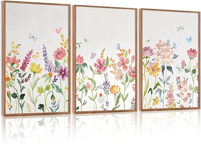 CHDITB Framed Canvas Wall Art Set, Nature Butterfly Flower Wall Decor, Floral Poster,Botanical Artwork Wildflower Painting, Abstract Green and Pink Art Prints for Young Lady Girl Room 16"x24"x3