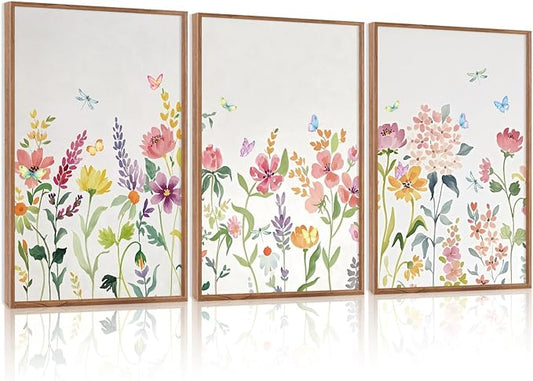 CHDITB Framed Canvas Wall Art Set, Nature Butterfly Flower Wall Decor, Floral Poster,Botanical Artwork Wildflower Painting, Abstract Green and Pink Art Prints for Young Lady Girl Room 16"x24"x3