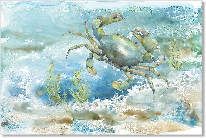 Nautical Wall Decor Green Crab Canvas Painting Ocean Bathroom Decor Sea Grass Coastal Wall Art Beach Decorations for Bedroom Livingroom Home 24x16Inch