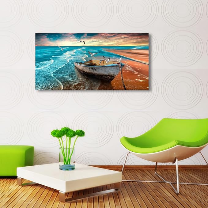 Beach Sunset Pictures Canvas Wall Art For Living Room Bedroom Wall Decor,Seascape Wall Art Print Paitnings For Home Decor,Morden Artwork Boat Canvas Art Waterproof Ready To Hang-28x57 Inches