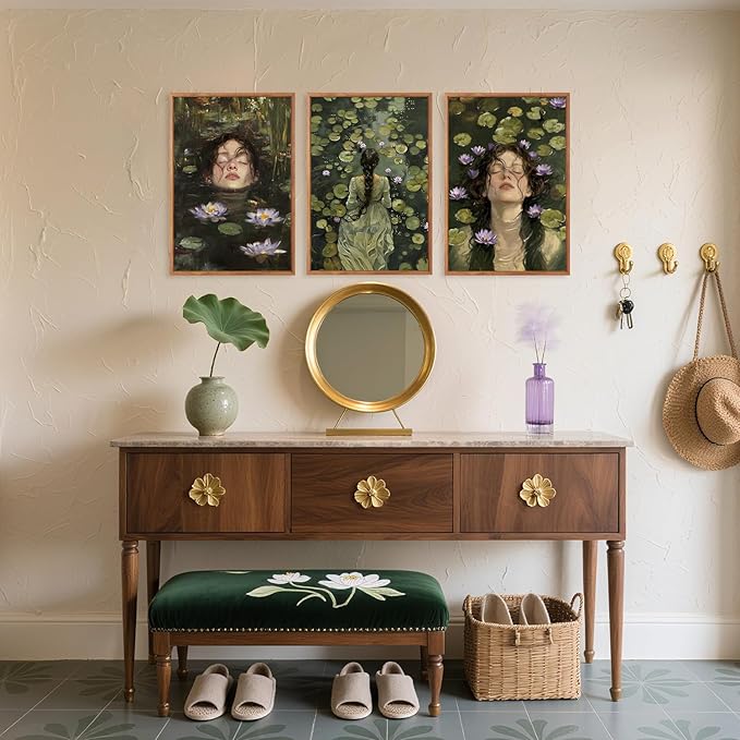 Aurlan Ophelia in the Lake Dark Academia Framed Wall Art(16"x24"), 3PCS Moody Boho Victorian Water Llily Foral Canvas Artwork, Classic Romantic Gothic Modern Cottagecore Decor for Home Office Bedroom