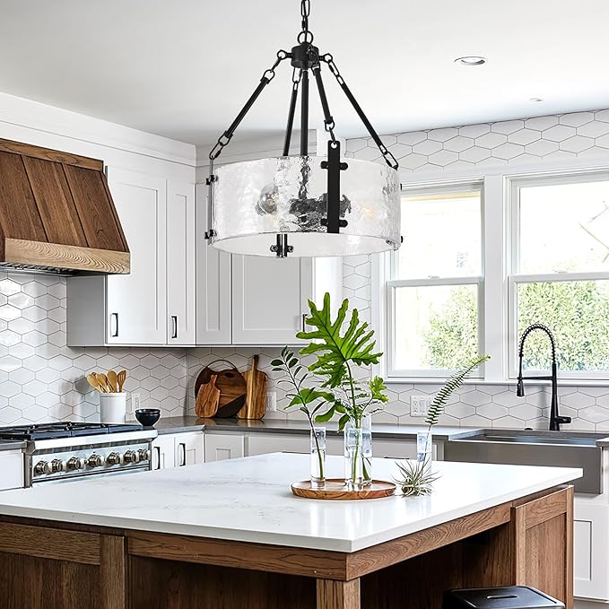 Black Dining Room Chandelier 16'' Modern Textured Glass Chandelier 3-Light Drum Crystal Light Fixture Vintage Farmhouse Round Hanging Lighting for Kitchen Island Over Table