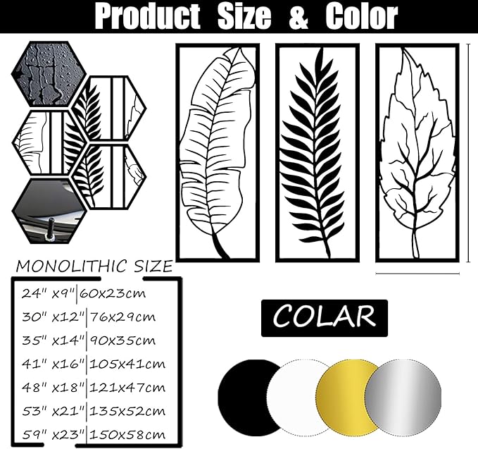 3 Pcs Metal Leaf Wall Decor-Palm Leaf Wall Art, Leaves Metal Wall Decor, Boho Wall Decor, Flower Wall Decor, Modern Wall Art, Maximalist Wall Decor, Wall Decor Living Room (30" x12"|76x29cm, White)